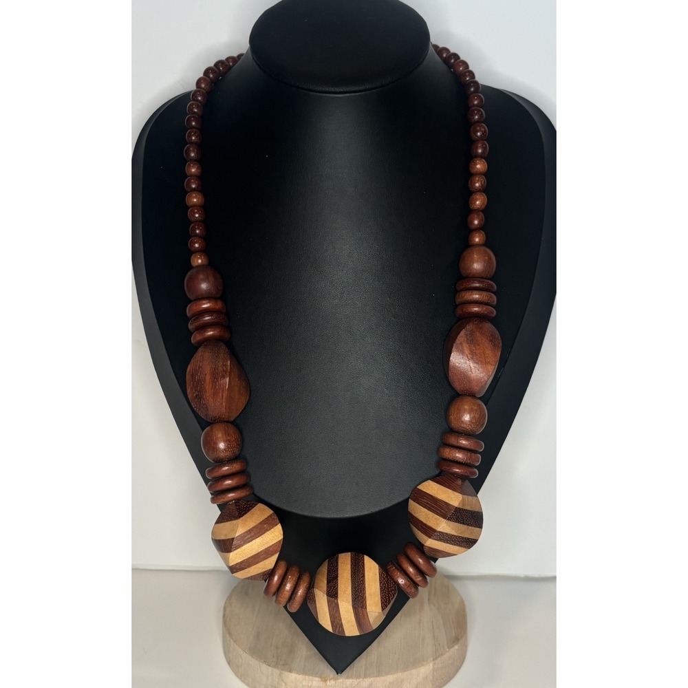 Vintage 1970s Wood Bead Necklace 24" Striped Geometric Chunky Boho Statement